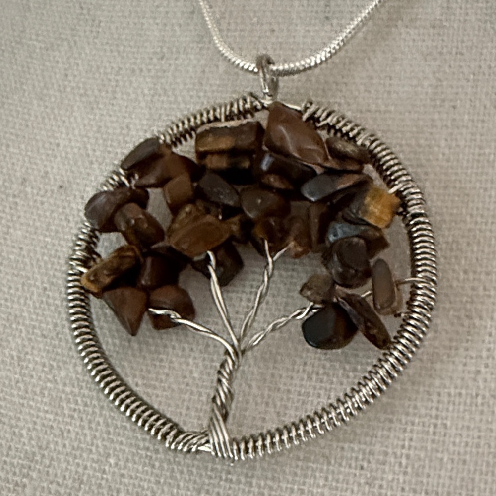Tree of Life Brown Stones 2" Pendant Necklace Silver Tone Wire
